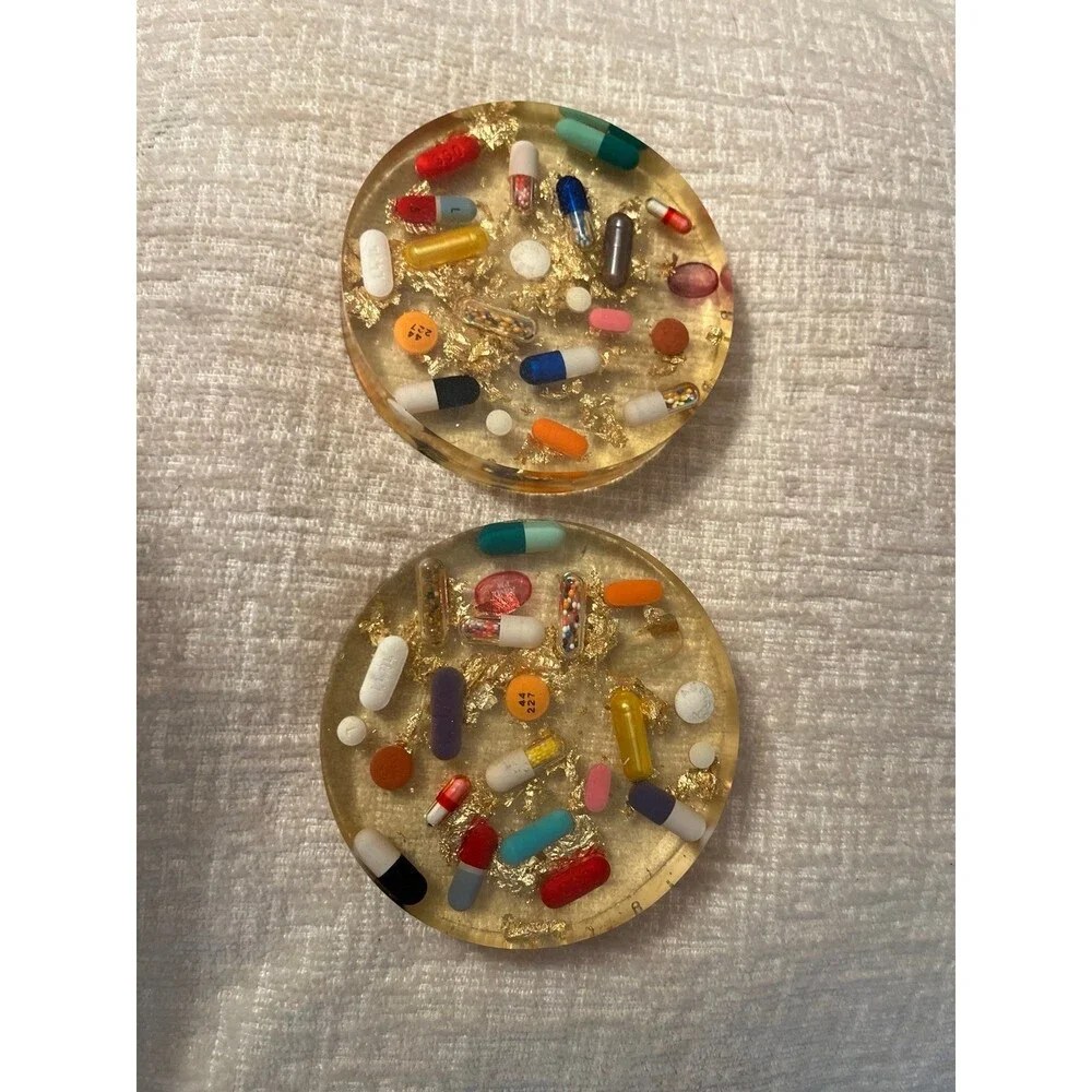 Vintage Clear Lucite Fun Pill & Gold leaf Drinks Coasters Great Gift Barware